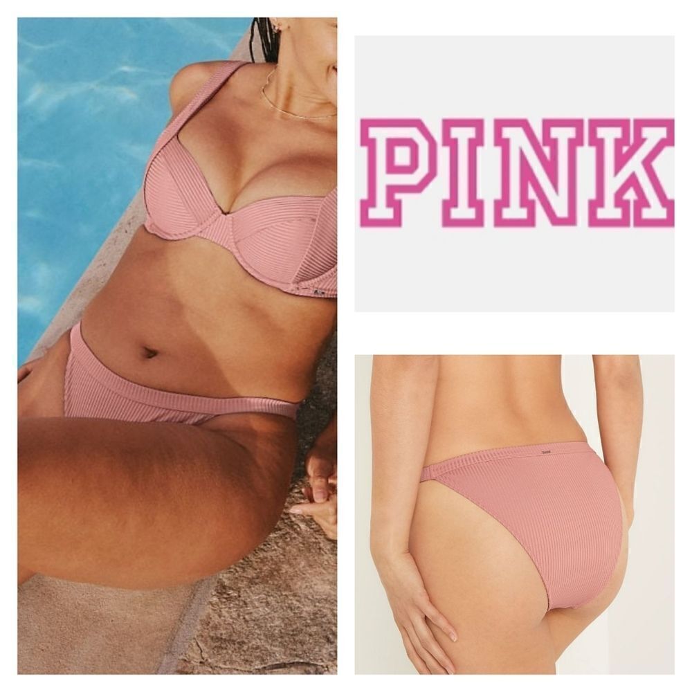 Pink Ribbed High Waist High Cut Leg Bikini Bottoms